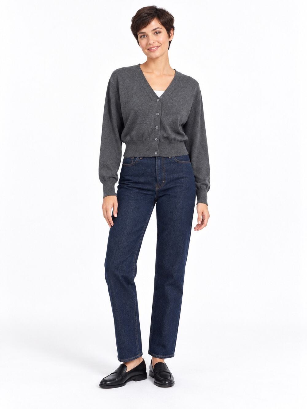 Grace Karin Gray Button Front Cropped Long Sleeve Cardigan Sweater